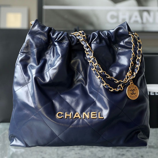 Chanel 22 Handtasche Aus Glänzendem Kalbsleder Blau AS3261