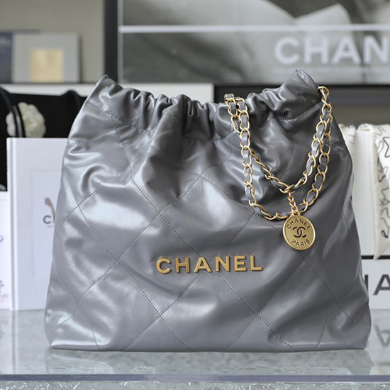 Chanel 22 Handtasche Aus Glänzendem Kalbsleder Grau AS3261