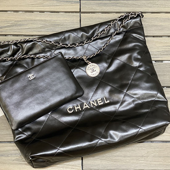 Chanel 22 Handtasche Aus Glänzendem Kalbsleder Schwarz Mit Silber AS3261