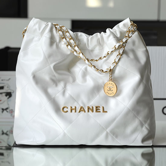 Chanel 22 Handtasche Aus Glänzendem Kalbsleder Weiß AS3261