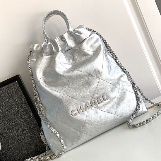 Chanel 22 Rucksack Aus Glänzendem Kalbsleder Silber AS3859