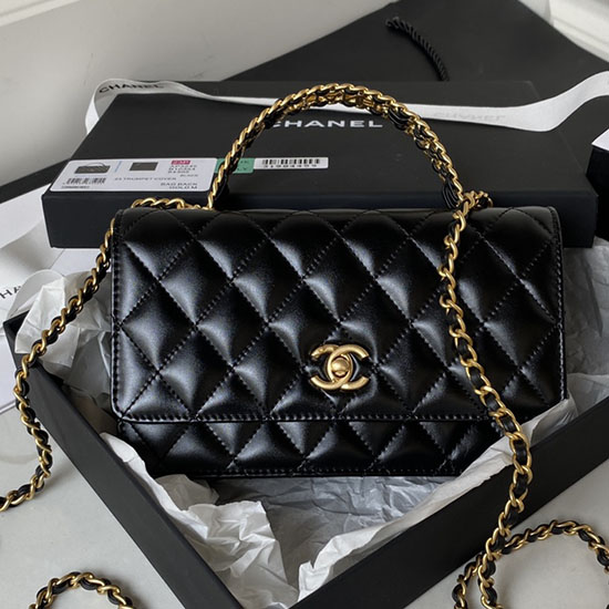 Chanel-Brieftasche Aus Glänzendem Kalbsleder An Der Kette Schwarz Ap3240