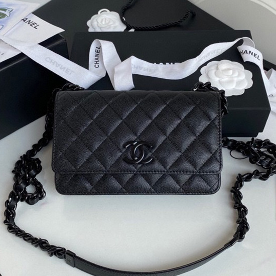 Chanel-Geldbörse Aus Genarbtem Kalbsleder Mit Kette Schwarz AP1954