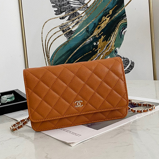 Chanel Genarbtes Kalbsleder Woc-Kettenbrieftasche Braun AS0250