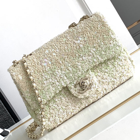 Chanel Pailletten Kleine Abendtasche Mit Klappe Beige AS23