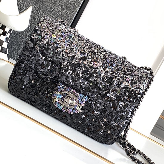 Chanel Pailletten Kleine Abendtasche Mit Klappe Schwarz AS23