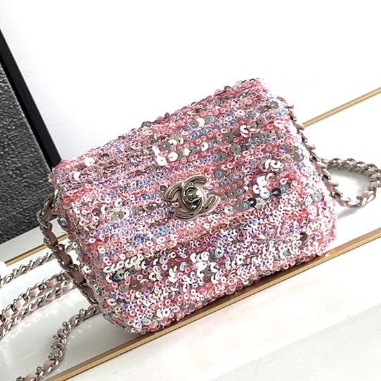 Chanel Pailletten Mini Flap Abendtasche Rosa AS23