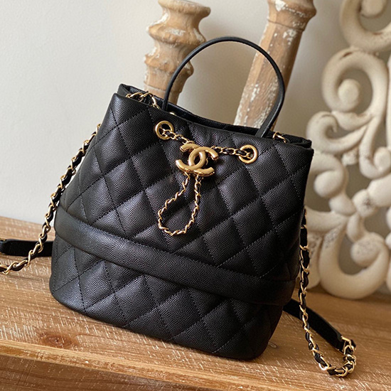 Chanel-Tasche Mit Kordelzug Aus Genarbtem Kalbsleder Schwarz AS8309