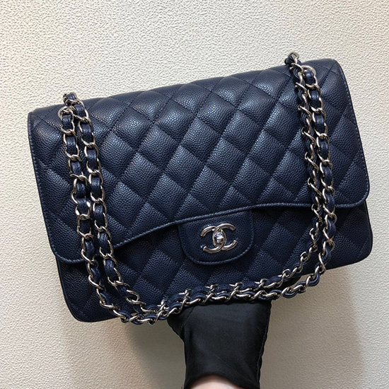 Große Klassische Chanel-Handtasche Aus Caviar-Leder In Blau Und Silber A01119