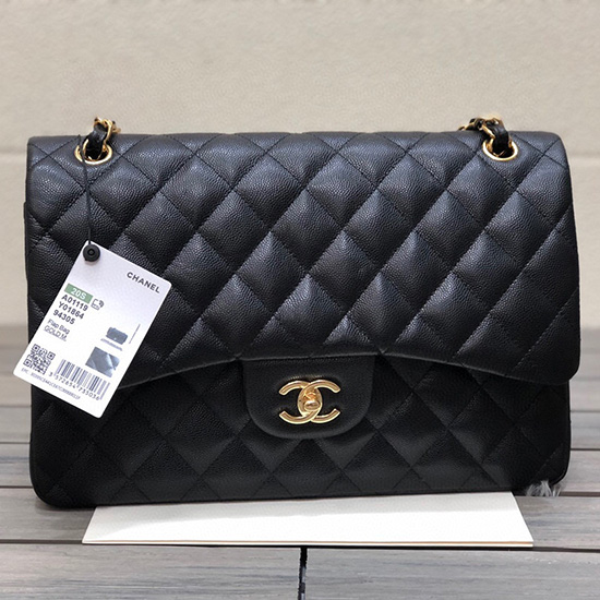 Große Klassische Chanel-Handtasche Aus Genarbtem Kalbsleder Schwarzgold A01119