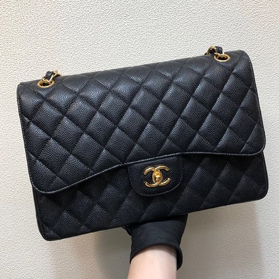 Große Klassische Chanel-Handtasche Aus Kaviarleder Schwarzgold A01119