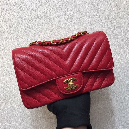 Klassische Chanel Chevron Kleine Umhängetasche Rot Mit Goldenen Beschlägen CF1116