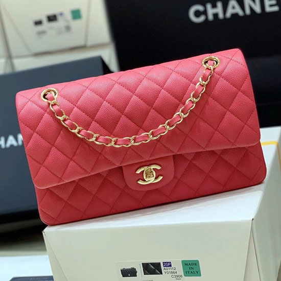 Klassische Chanel-Handtasche Aus Genarbtem Kalbsleder Rose A01112