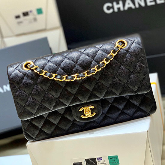 Klassische Chanel-Handtasche Aus Genarbtem Kalbsleder Schwarz A01112