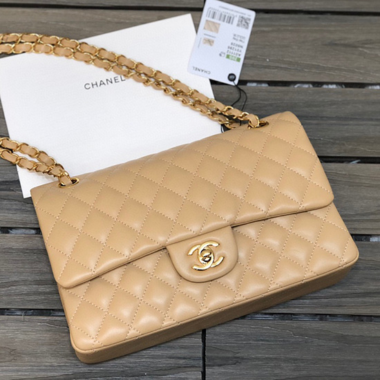 Klassische Chanel Lammfell-Tasche Mit Mittlerer Klappe Beige CF1112