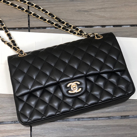 Klassische Chanel Lammfell-Tasche Mit Mittlerer Klappe Schwarz CF1112