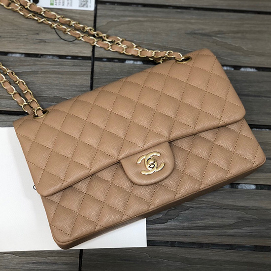 Klassische Chanel-Tasche Aus Genarbtem Kalbsleder Mit Mittlerer Klappe Beige CF1112