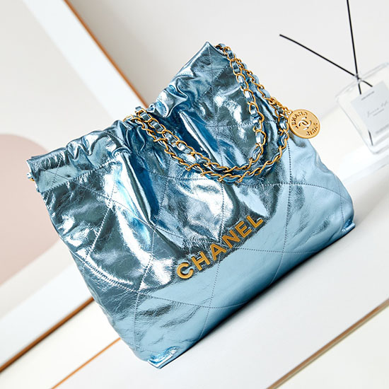 Kleine Chanel 22 Handtasche AS3260 Metallic Blau