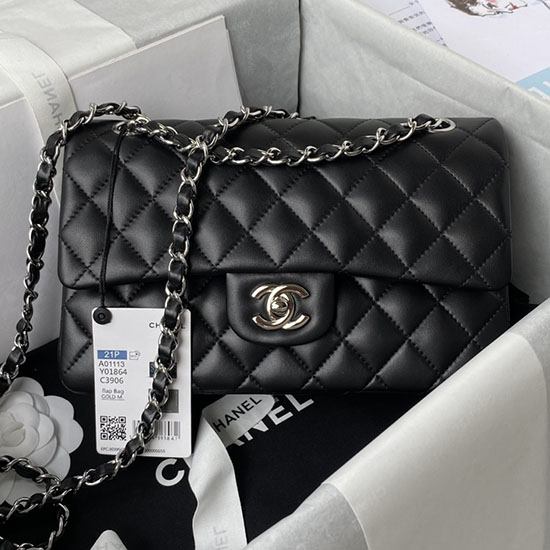 Kleine Klassische Chanel-Handtasche Mit Klappe Schwarz Mit Silber A01113