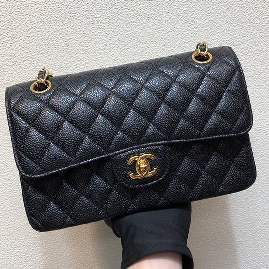 Kleine Klassische Chanel-Tasche Aus Kaviarleder Mit Klappe Schwarz A01117