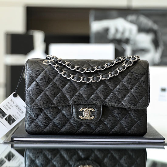 Kleine Klassische Chanel-Tasche Aus Kaviarleder Mit Klappe Schwarz Mit Silber A01113