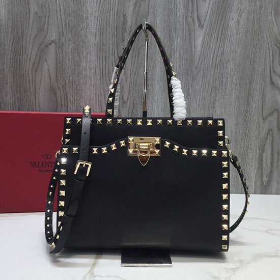 Kleine Rockstud-Grifftasche Aus Glattem Kalbsleder Von Valentino Schwarz V6500