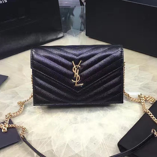 Saint Laurent-Brieftasche Mit Umschlagkette Aus Schwarzem Genarbtem Kalbsleder 201120