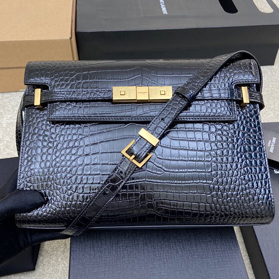 Saint Laurent Geprägte Krokodil-Manhattan-Umhängetasche Schwarz 579271