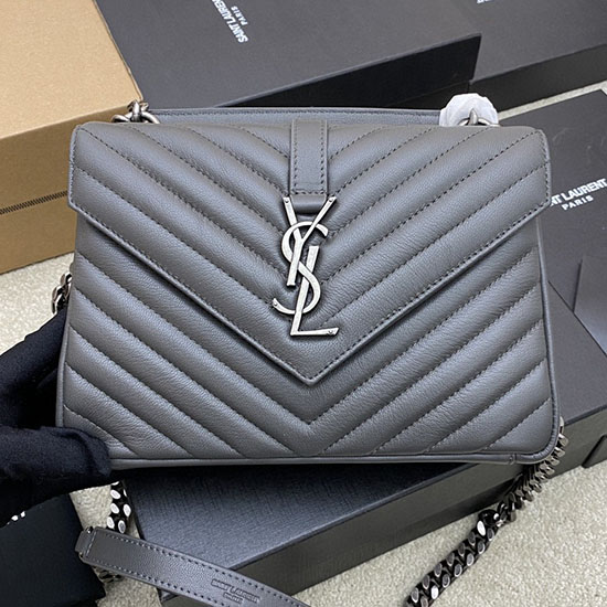 Saint Laurent Mittelgroße College-Tasche Aus Matelasse-Leder Grau 392737