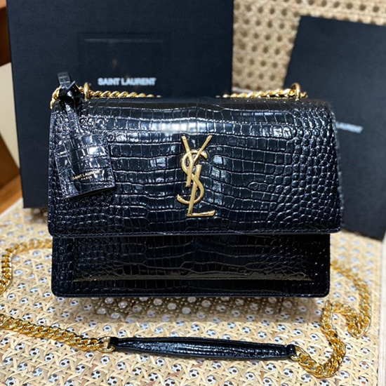 Saint Laurent Mittelgroße Geprägte Krokodil-Sonnenuntergangtasche Schwarz Mit Gold 442906