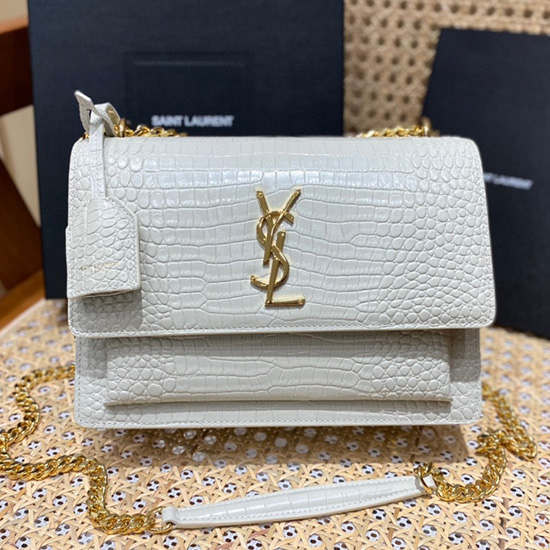 Saint Laurent Mittelgroße Geprägte Krokodil-Sonnenuntergangtasche Weiß Mit Gold 442906