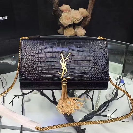 Saint Laurent Mittelgroße Umhängetasche Aus Kroko-Leder Mit Monogramm-Quasten Schwarz Y121230