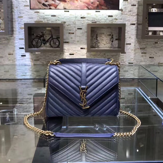 Saint Laurent Mittelgroße Umhängetasche Aus Matelasse-Leder In Blau Mit Goldenen Beschlägen 428056