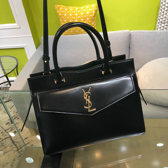 Saint Laurent Mittelgroße Uptown-Tasche Aus Schwarzem Glänzendem Glattleder 557653