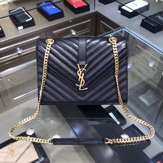 Saint Laurent Mittelkörnige Matelasse-Umhängetasche Schwarz Mit Goldenen Beschlägen 428134