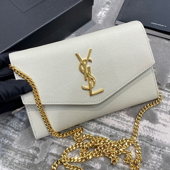 Saint Laurent Uptown Kettenbrieftasche Aus Genarbtem Leder In Weiß 607788