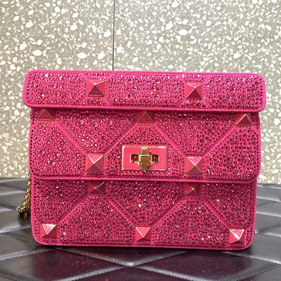 Valentino Mittelgroße Römische Nietentasche Mit Strasssteinen Rosa V0082