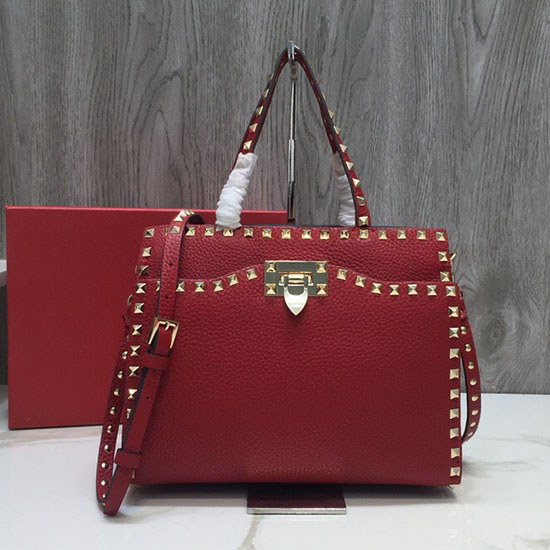 Valentino Strukturierte Kalbsleder Kleine Rockstud Top-Griff-Tasche Rot V6500