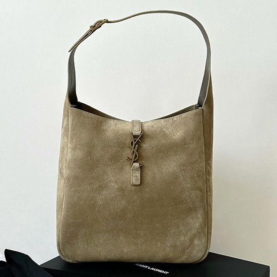 Ysl Le 5 A 7 Große Hobo-Tasche Aus Geschmeidigem Wildleder Gerstengrün 753837