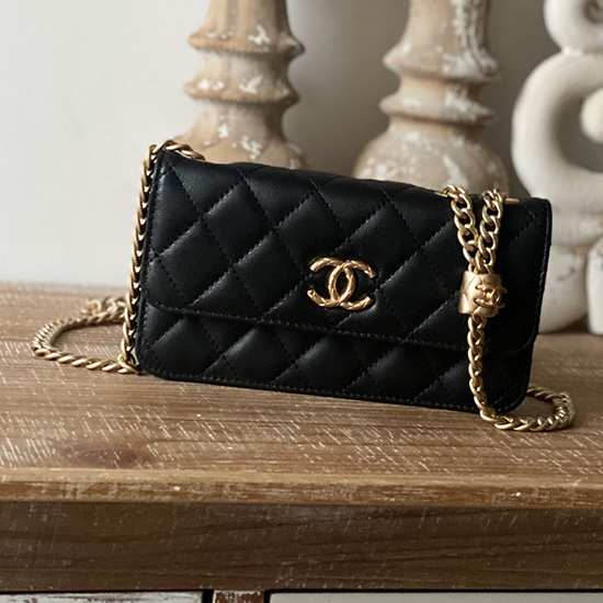 Chanel αλυσίδα πορτοφόλι από δέρμα αρνιού μαύρο Ap81224