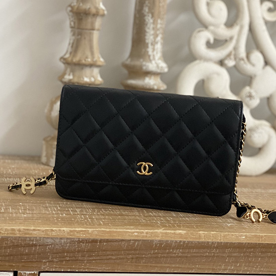 Chanel δέρμα αρνιού Woc αλυσίδα πορτοφόλι μαύρο As81225