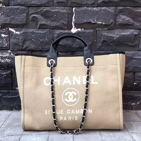 Chanel μπεζ καμβάς μεγάλη τσάντα για ψώνια Deauville A68046