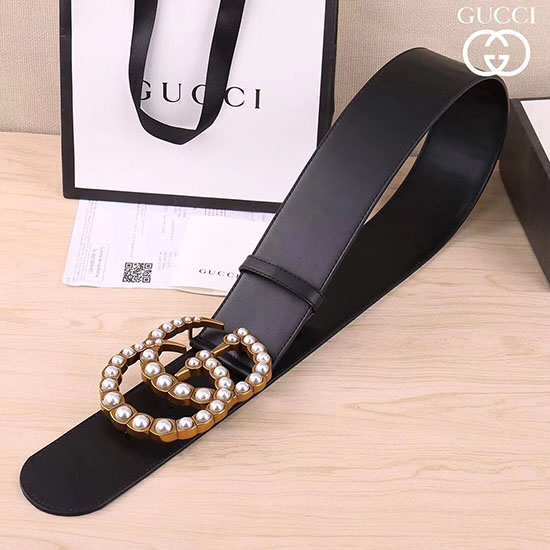 Gucci φαρδιά δερμάτινη ζώνη με πέρλα διπλή G 453261