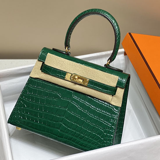 Hermes Kelly 20 δερμάτινη τσάντα κροκό πράσινη Hk2001