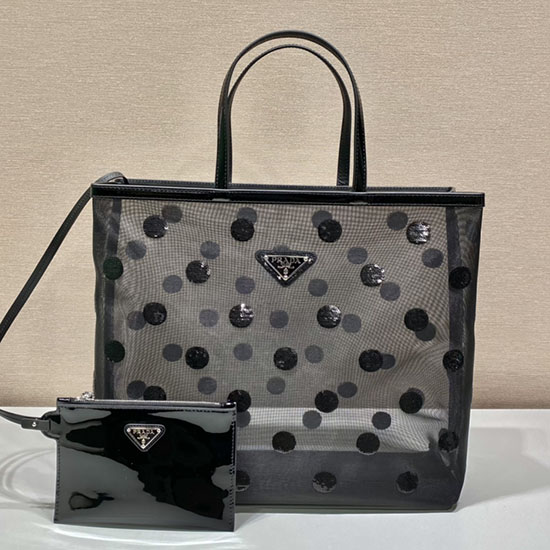 Prada Mesh Tote Bag μαύρη με πουά 1bg416