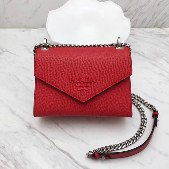 Prada μονόχρωμη δερμάτινη τσάντα Saffiano κόκκινη 1bd127