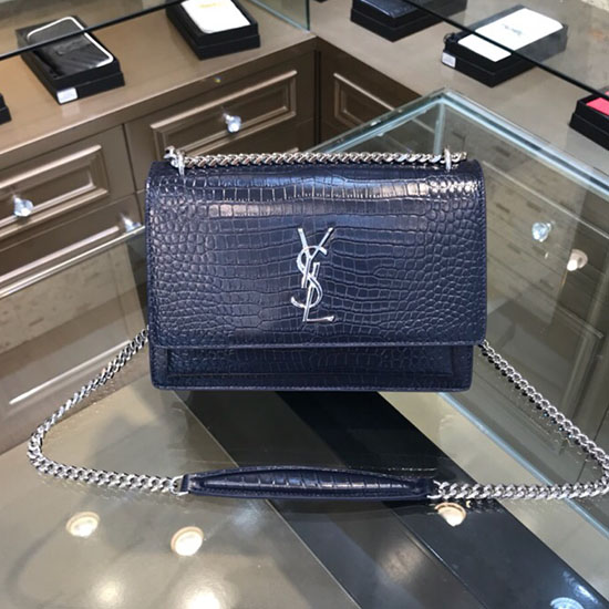 Saint Laurent Sunset Medium σε μπλε δέρμα με ανάγλυφο κροκόδειλο 442906