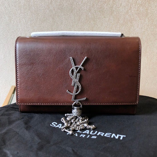 Saint Laurent μικρή αλυσιδωτή τσάντα με φούντα Kate καφέ 504572