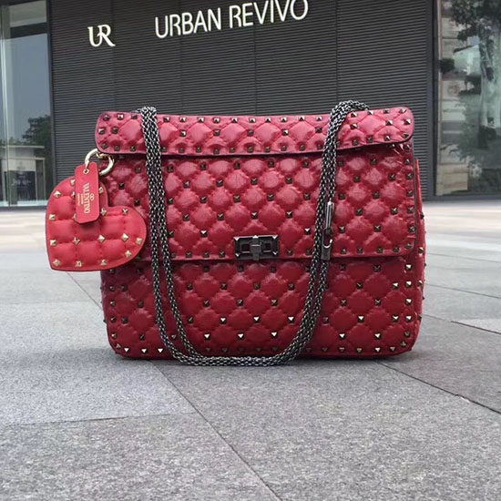 βαλεντίνο τσάντα από δέρμα μοσχαριού Garavani Rockstud Spike Chain Bag Red V0121