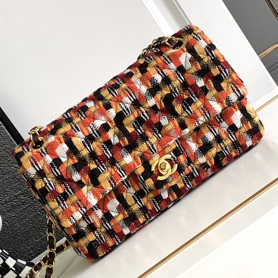 μεσαίο Chanel Tweed Flap Bag πορτοκαλί As2325